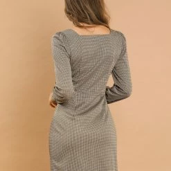 Allegra K Women's Vintage Square Neck Button Up Puff Long Sleeve Plaid Houndstooth Printed Dress