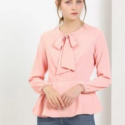 Allegra K Women's Casual Bow Tie Neck Keyhole Long Sleeve Top Peplum Blouse 22 Allegra K Women's Casual Bow Tie Neck Keyhole Long Sleeve Top Peplum Blouse