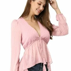 Allegra K Deep V Neck Drawstring Ruffled Swiss Dots Long Sleeves Sheer Chiffon Blouse