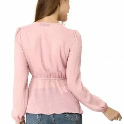 Allegra K Deep V Neck Drawstring Ruffled Swiss Dots Long Sleeves Sheer Chiffon Blouse