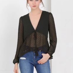 Allegra K Deep V Neck Drawstring Ruffled Swiss Dots Long Sleeves Sheer Chiffon Blouse