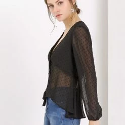 Allegra K Deep V Neck Drawstring Ruffled Swiss Dots Long Sleeves Sheer Chiffon Blouse