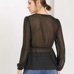 Allegra K Deep V Neck Drawstring Ruffled Swiss Dots Long Sleeves Sheer Chiffon Blouse