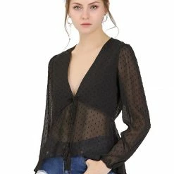 Allegra K Deep V Neck Drawstring Ruffled Swiss Dots Long Sleeves Sheer Chiffon Blouse