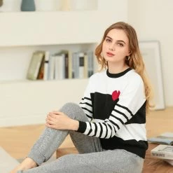 Allegra K Women's Striped Color Block Pullover Crewneck Casual Knitted Tops Sweater
