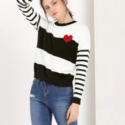 Allegra K Women's Striped Color Block Pullover Crewneck Casual Knitted Tops Sweater