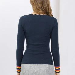 Allegra K Women's Rainbow Cuffs Knitwear Slim Fit Work Office Scalloped V Neck Ribbed Sweater Top