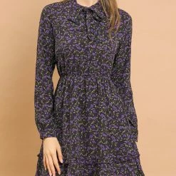 Allegra K Women's Casual Tie Neck Long Sleeve Elastic Waist Ruffle Hem Floral Dress