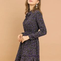 Allegra K Women's Casual Tie Neck Long Sleeve Elastic Waist Ruffle Hem Floral Dress