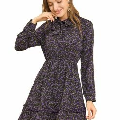 Allegra K Women's Casual Tie Neck Long Sleeve Elastic Waist Ruffle Hem Floral Dress
