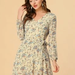 Allegra K Women's Floral V Neck Tie Waist Ruffled Hem Chiffon Long Sleeve Dress