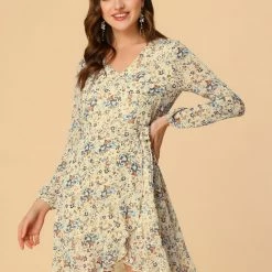 Allegra K Women's Floral V Neck Tie Waist Ruffled Hem Chiffon Long Sleeve Dress