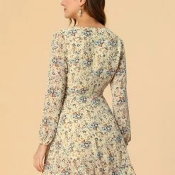 Allegra K Women's Floral V Neck Tie Waist Ruffled Hem Chiffon Long Sleeve Dress