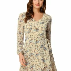 Allegra K Women's Floral V Neck Tie Waist Ruffled Hem Chiffon Long Sleeve Dress