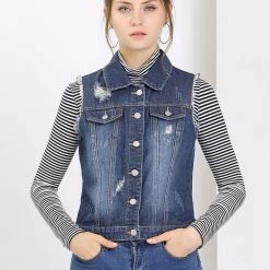 Allegra K Women Turn Down Collar Button Closure Denim Washed Vest