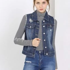 Allegra K Women Turn Down Collar Button Closure Denim Washed Vest