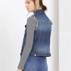 Allegra K Women Turn Down Collar Button Closure Denim Washed Vest