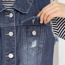 Allegra K Women Turn Down Collar Button Closure Denim Washed Vest