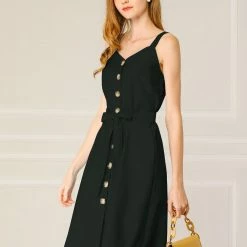 Allegra K Women's Sweetheart Neck Belted Pockets Button Front Strap Cami Dress