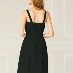Allegra K Women's Sweetheart Neck Belted Pockets Button Front Strap Cami Dress