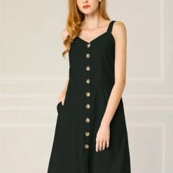 Allegra K Women's Sweetheart Neck Belted Pockets Button Front Strap Cami Dress