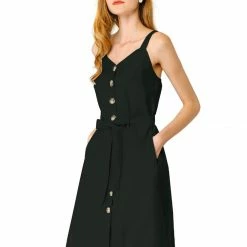Allegra K Women's Sweetheart Neck Belted Pockets Button Front Strap Cami Dress