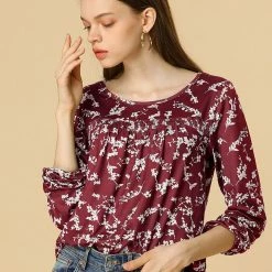 Allegra K Pleated Loose Retro Floral Long Sleeve Top 24 Allegra K Pleated Loose Retro Floral Long Sleeve Top