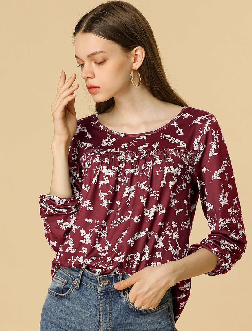 Allegra K Pleated Loose Retro Floral Long Sleeve Top 12 Allegra K Pleated Loose Retro Floral Long Sleeve Top