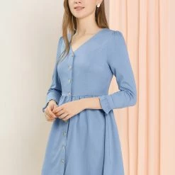 Allegra K Women's V Neck Button Down Ruffle Soft A-Line Dress