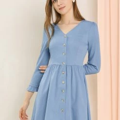 Allegra K Women's V Neck Button Down Ruffle Soft A-Line Dress