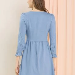 Allegra K Women's V Neck Button Down Ruffle Soft A-Line Dress