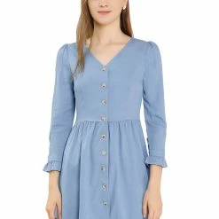 Allegra K Women's V Neck Button Down Ruffle Soft A-Line Dress