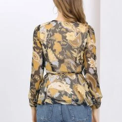 Allegra K Women's Floral Peplum Top V Neck Chiffon Long Sleeves Shirt Blouse