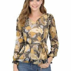 Allegra K Women's Floral Peplum Top V Neck Chiffon Long Sleeves Shirt Blouse