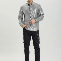 Allegra K Men's Sequin Shiny Shirt Long Sleeves Button Down Disco Party Prom Shirt