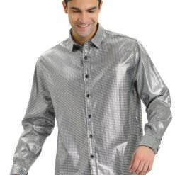 Allegra K Men's Sequin Shiny Shirt Long Sleeves Button Down Disco Party Prom Shirt