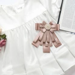 Allegra K Women's Pre-tied Pin Neck Tie Ribbon Bowknot Beads Party Bow Brooch