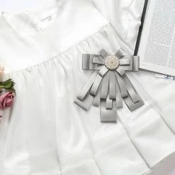 Allegra K Women's Pre-tied Pin Neck Tie Ribbon Bowknot Beads Party Bow Brooch