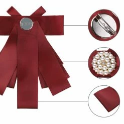 Allegra K Women's Pre-tied Pin Neck Tie Ribbon Bowknot Beads Party Bow Brooch