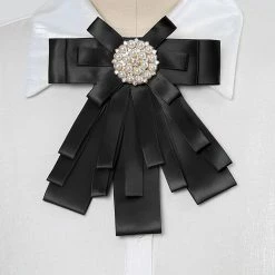 Allegra K Women's Pre-tied Pin Neck Tie Ribbon Bowknot Beads Party Bow Brooch