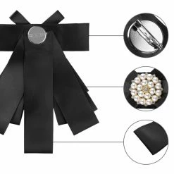 Allegra K Women's Pre-tied Pin Neck Tie Ribbon Bowknot Beads Party Bow Brooch