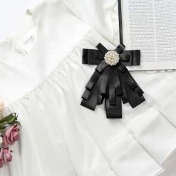 Allegra K Women's Pre-tied Pin Neck Tie Ribbon Bowknot Beads Party Bow Brooch