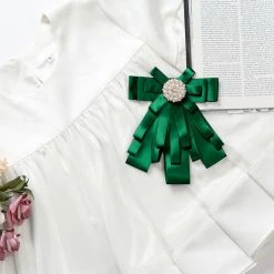 Allegra K Women's Pre-tied Pin Neck Tie Ribbon Bowknot Beads Party Bow Brooch