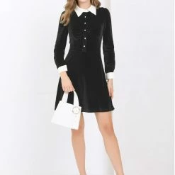 Allegra K Women's Contrast Color Half Placket Long Sleeve Fit And Flare Dress