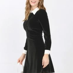 Allegra K Women's Contrast Color Half Placket Long Sleeve Fit And Flare Dress