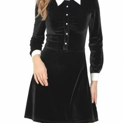 Allegra K Women's Contrast Color Half Placket Long Sleeve Fit And Flare Dress