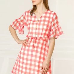 Allegra K Women's Checkered Plaid V-Neck Button Flutter Sleeve Mini Dress