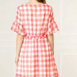 Allegra K Women's Checkered Plaid V-Neck Button Flutter Sleeve Mini Dress