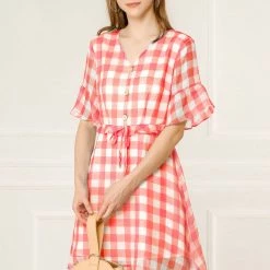 Allegra K Women's Checkered Plaid V-Neck Button Flutter Sleeve Mini Dress