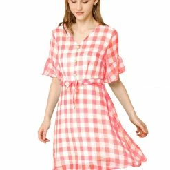 Allegra K Women's Checkered Plaid V-Neck Button Flutter Sleeve Mini Dress